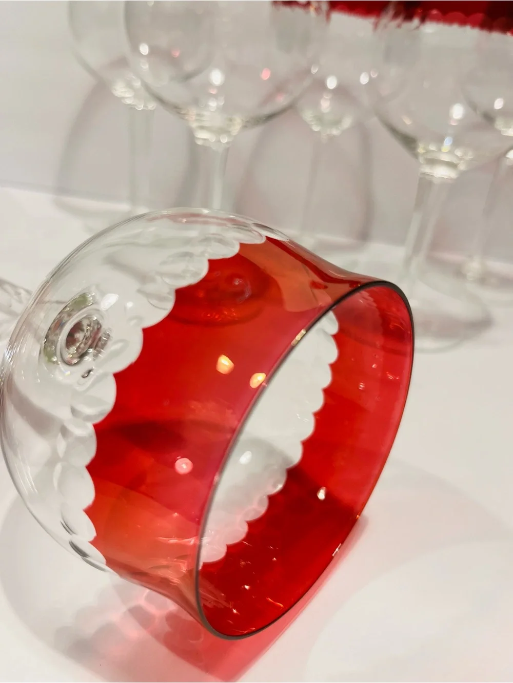 Vintage 1950’s Czech Crystal Cranberry Cut Dots Wine Glasses Set of 6
